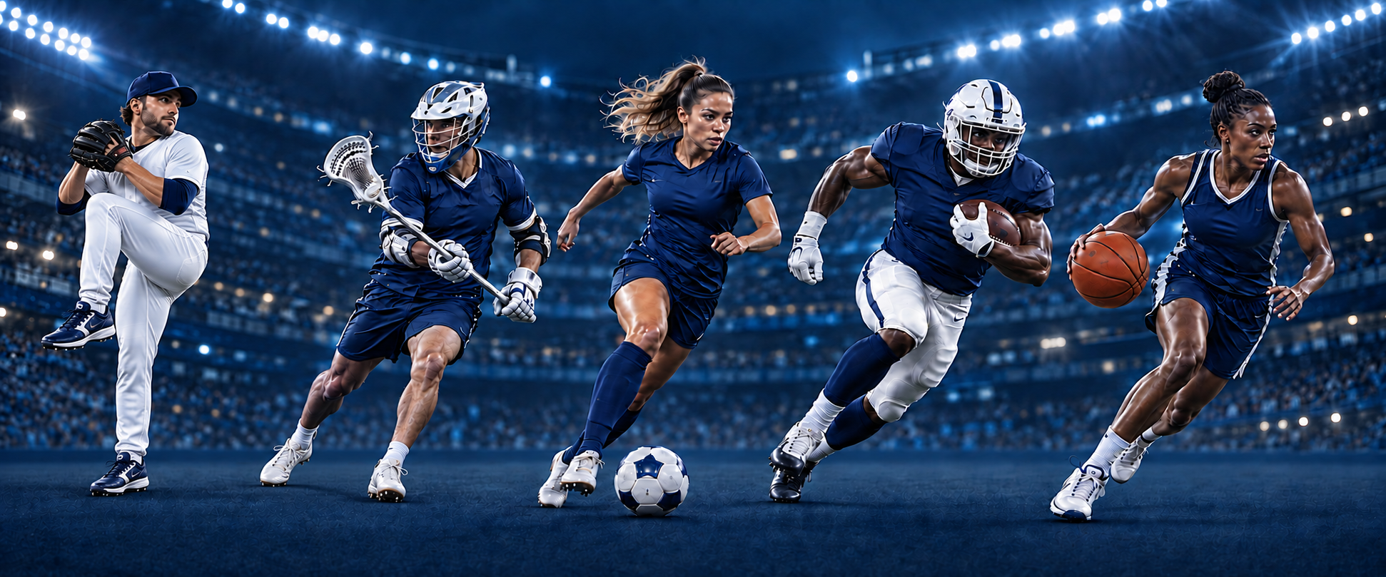 Baseball, lacrosse, soccer, football and basketball athletes in motion