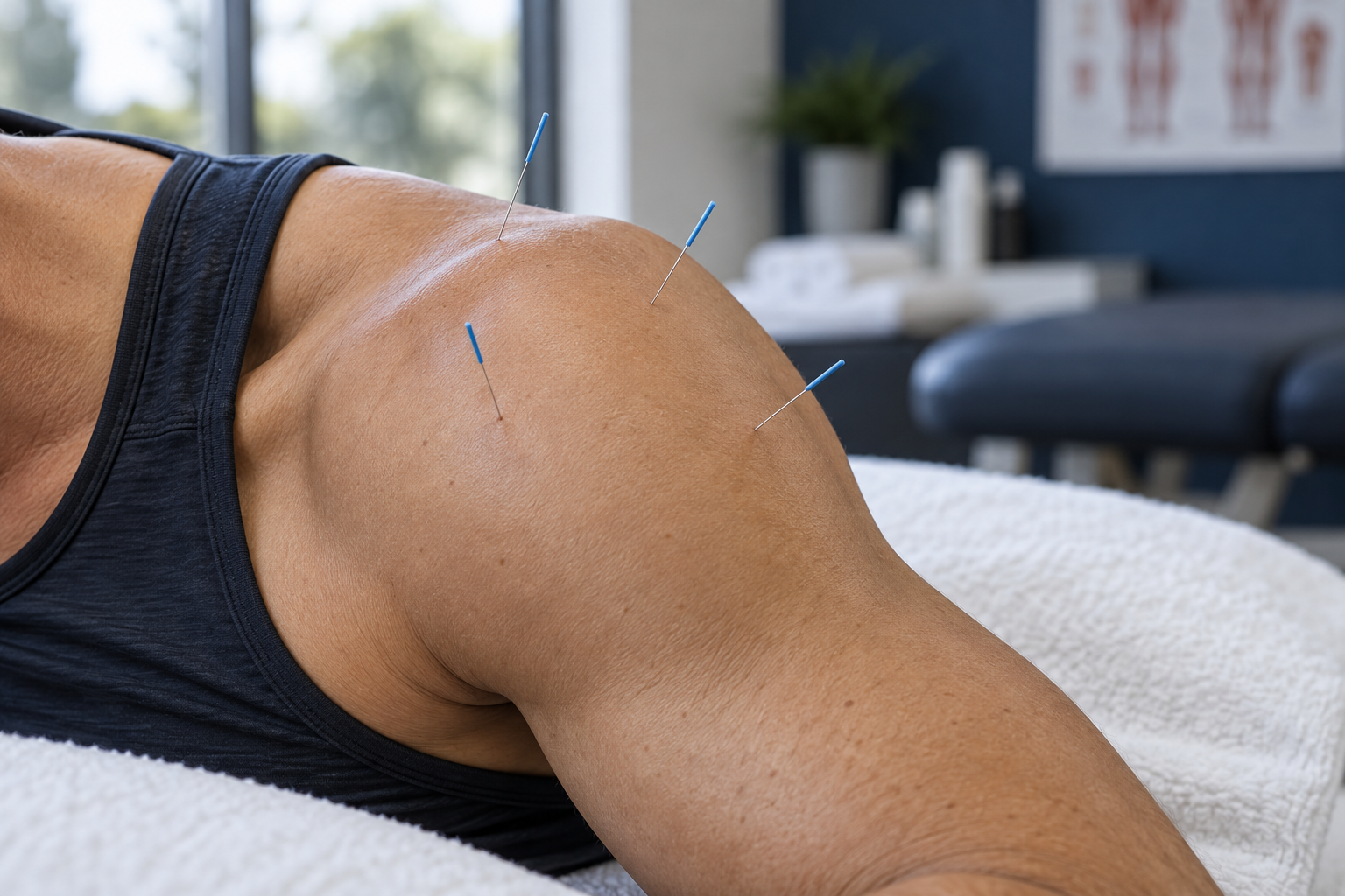 Illustrative image of acupuncture needles around an athlete’s shoulder