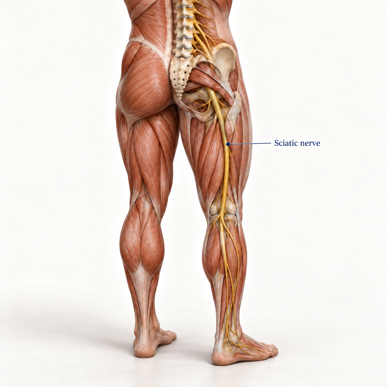 Anatomical illustration of the sciatic nerve pathway through the pelvis and leg.