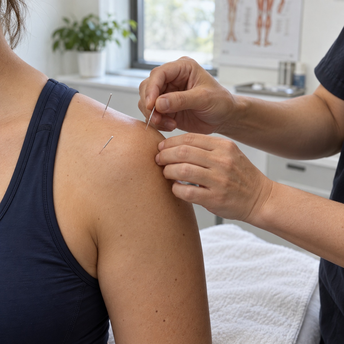 Illustrative close-up of a shoulder acupuncture treatment